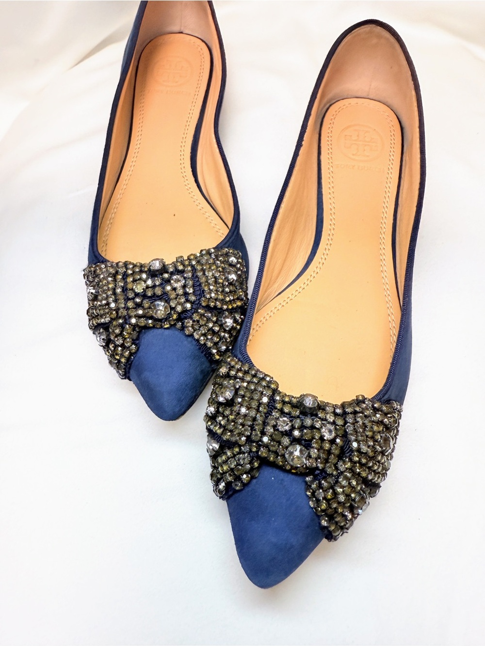 Tory Burch Navy Suede Crystal Bow Pointed Toe Ballet Flats 5.5M